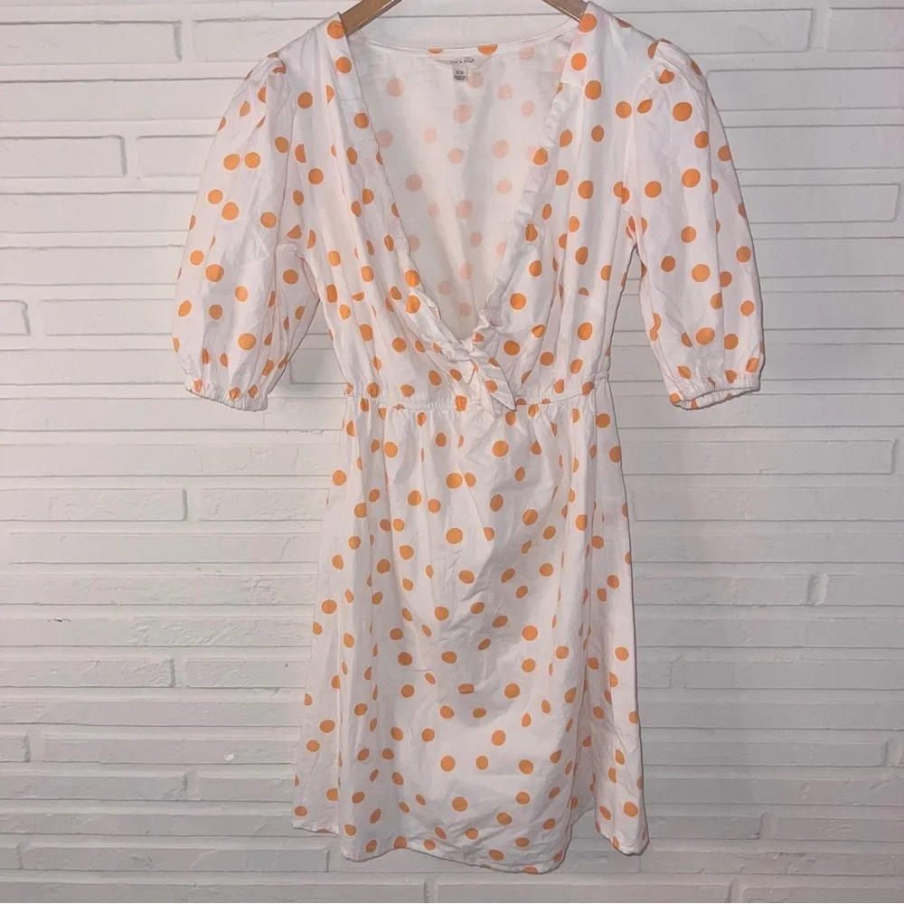 Sim & Sam White and Orange Polka Dot Cotton Puffed Sleeve Mini Dress, Size XS